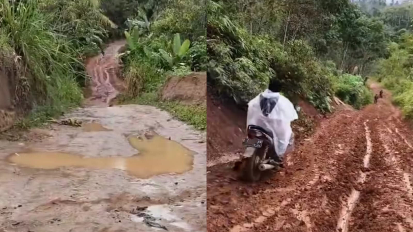 Seorang guru berdiri di tengah jalan tanah berlumpur yang penuh genangan air dan bekas roda kendaraan. Dia menunjuk ke ban sepeda motor yang dililit rantai besi tebal. Di latar belakang, terlihat motor lain dan pepohonan, menggambarkan lokasi yang terpencil dan akses yang sangat sulit."